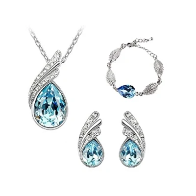 Imagen de TOEECY Cristales Conjuntos de Joyas para Mujer y Niñas Colgante Collar Pendientes Pulsera Fiesta Boda Nupcial Dama Honor (Azul Océano)