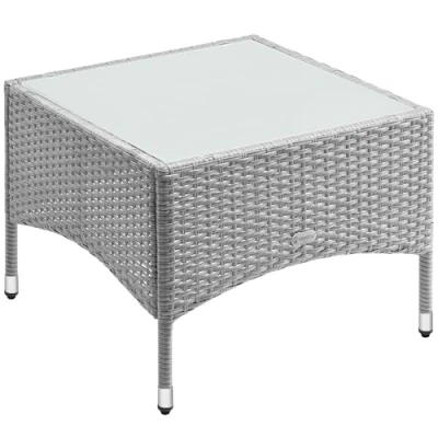 Imagen de CASARIA® Mesita de Centro Poliratán 58x58x42cm Carga hasta 80Kg Mesa Auxiliar Jardín Ajustable en Altura Tablero Vidrio Resistente Intemperie Gris