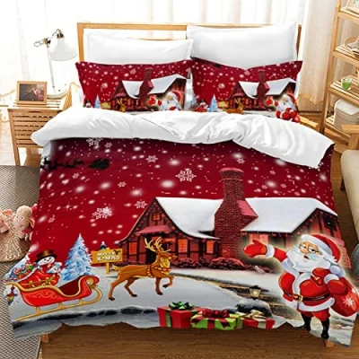 Imagen de LXTOPN Funda nórdica Estampada con Dibujos Animados de Papá Noel Juego Cama Microfibra Cremallera, 2 Fundas Almohada (200 x 200 cm, Chalet Navidad)