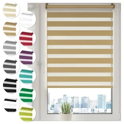 Imagen de Sonello Estor Enrollable de Doble Capa Noche y día 110cm x 130cm Beige, Klemmfix sin taladrar, Tejido, Fácil Instalar Herramientas para Ventanas Puertas, Proteccion Solar, Stores