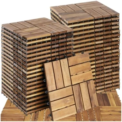 Imagen de TecTake® Set 40x Baldosas Jardín Exterior con 12 Tablones Madera, Suelo Terraza Resistente a Intemperie, Base de Rejilla y Drenaje, Montaje Sistema Clic Madera
