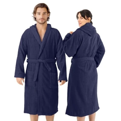 Imagen de HOMELEVEL Albornoz de rizo algodón 100%, para mujeres y hombres azul oscuro XXX Large
