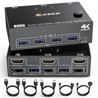 Imagen de conmutador KVM DP HDMI USB 3.0 2 computadoras monitores, monitores dobles El Displayport admite 4K a 60 Hz para Comparte teclado, mouse y monitor