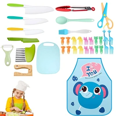 Imagen de Youao Cocina para niños Kit Madera Juego Cuchillos niños, Tabla Cortar, cortadores arrugados Frutas y Verduras, pequeños