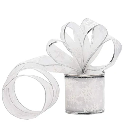 Imagen de Belle Vous Cinta Organza Plateada Navidad 10 m x 6,3 cm de Ancho Alambre Purpurina Copos Nieve Decoración Árbol Envolver Regalos, Manualidades