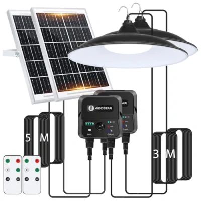 Imagen de Aigostar Lámpara solar exterior con sensor de movimiento y mando a distancia,2 piezas,cable 8 m,batería gran capacidad 6000 mAh,gran panel solar,IP65.Luz para interior,jardín,camping