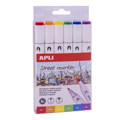 Imagen de APLI 18431 Pack de 6 rotuladores Street Marker doble punta (redonda 1 mm y biselada mm) colores surtidos.