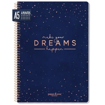 Imagen de Bullet Journal dotted A5 con espiral [Make your dreams happen] 160 páginas, cuaderno de lunares espiral, bloc notas universitario,