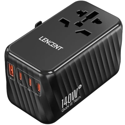 Imagen de LENCENT Adaptador Enchufe Universal GAN 140W, Cargador Internacional con 3 PD3.1 Tipo C+1 QC USB A, de Viaje Carga Rápida para Móviles, Tabletas, Portátil, EU/USA/UK/AU, Negro