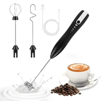 Imagen de Weinsamkeit Espumador de Leche Eléctrico Mano con 3 Velocidades Batidora Espuma Cabezales Acero Inoxidable USB Recargable Batidor para Leche, Café, Capuchino