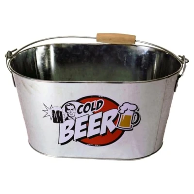 Imagen de Ootb Cubo de Metal Ovalado, Cold Beer, con asa y Manilla Madera, Aluminio, Plateado, 26 x 13 4 cm