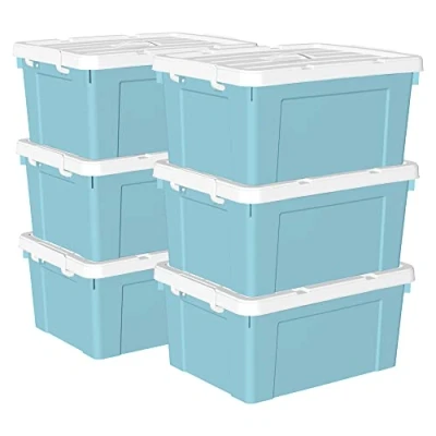 Imagen de Cetomo 45L*6 Caja de Almacenamiento con Asa, Plástico Tapa y Cierre Seguro, Contenedor Grande, Duradera, Apilable, Resistentes, Azul, Paquete 6 45L