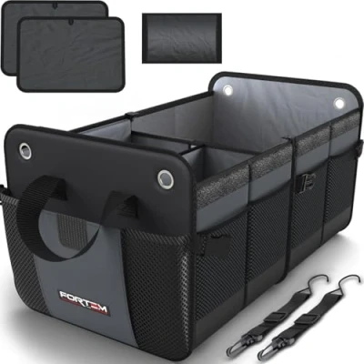 Imagen de FORTEM Organizador de Maletero Coche y SUV para Almacenamiento Caja Plegable con 2 Compartimentos Base Antideslizante Cinchas Ajustables Tapa Extraíble (Gris)