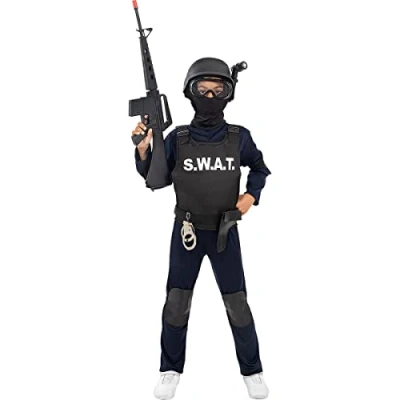 Imagen de Funidelia Disfraz de SWAT para niño Guardia, Agente, FBI, Profesiones niños y divertidos accesorios Fiestas, Carnaval Halloween Talla 7 9 años Negro