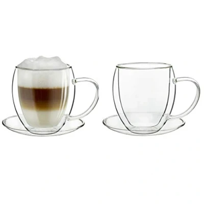 Imagen de Creano Conjunto de 2 Vasos Vidrio Térmico Extra Grande Doble Pared, Vaso con Asa y Platillo 400ml envase regalo