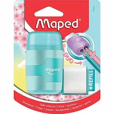Imagen de Maped Material Escolar Sacapuntas Conect Pastel con Depósito 2 Orificios para Afilar Incluye Goma en la Parte Trasera 3 Colores Diferentes