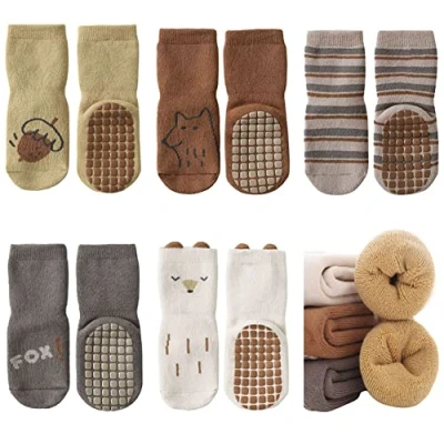Imagen de FedMois Pack de 5 Calcetines Térmicos Invierno Algodón Antideslizantes para Bebé Niño Niña, zorro, 3 años