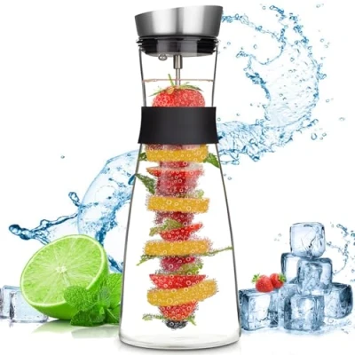 Imagen de ZHHGOO Jarra de Agua Vidrio,1.5 Litros Botella Cristal y Tapa Inoxidable,Brocheta Fruta con Tapón Extraíble para Jugo Caliente Frío,Té,Leche Café