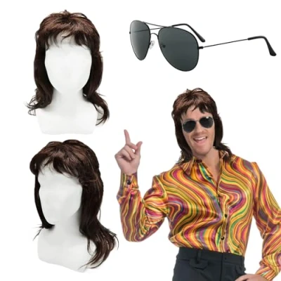 Imagen de TUONYIS Peluca Hombre, Estilo Mullet, Pelucas Hippies Hippie Hombre Marron, Disfraz Años 80, 70, Accesorios Halloween Cosplay Carnaval Fiesta (2 Pcs)