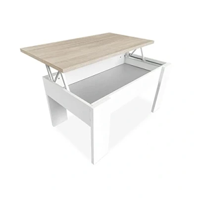 Imagen de Duérmete Online 0 Mesa de Centro Elevable, Mesita Salón o Comedor, Acabado en Color Blanco con Tapa Cambria, Medidas: 90 cm (Ancho) x 50 (Fondo) 46 57 (Alto), Madera, 46/57