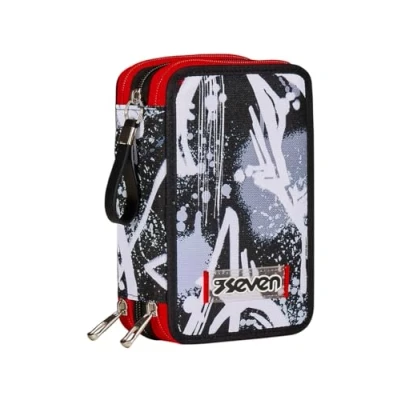 Imagen de Seven Estuche de 3 Compartimentos, Negro, Triple Compartimento, Completo con lápices, rotuladores, Colores, Accesorios Mochila, elementales, Medios, Superiores, niño y niño, Escolar