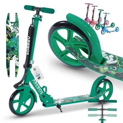 Imagen de Arebos patinete de ciudad, color verde, altura regulable, plegable, incluye correa transporte, ruedas XXL, freno pedal, para niños y adultos, soporta hasta 100 kg,