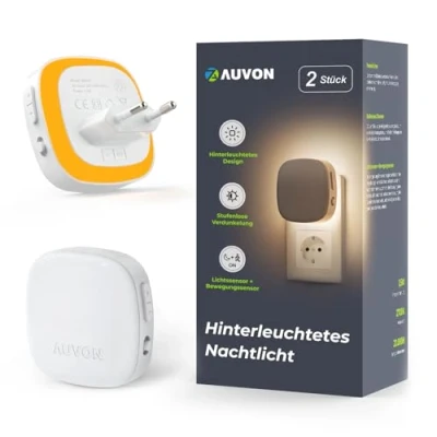 Imagen de AUVON Luz nocturna infantil, luces nocturnas de pasillo Enchufe con Sensor Movimiento y Crepúsculo, 2 Piezas LED Color Ámbar Ajustable 1 50 lm, Escalera, Dormitorio, Cocina,Baño