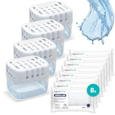 Imagen de Aquafloow 4x Deshumidificadores + 8x Gránulos en Bolsa de Recarga 280g, Bolsas para Deshumidificadores, Paquetes Previene el moho y los olores desagradables.