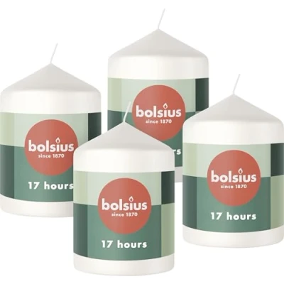 Imagen de Bolsius velas de pilar, color blanco, paquete 4 8 x 6 cm, decorativas para el hogar, larga duración combustión 17 horas, sin perfume, cera vegana natural, aceite palma