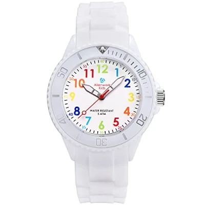 Imagen de Alienwork Kids Reloj de Aprendizaje Infantil Niño Niña Blanco Pulsera Silicona Abigarrado niños Impermeable 5 ATM Tiempo Aprender
