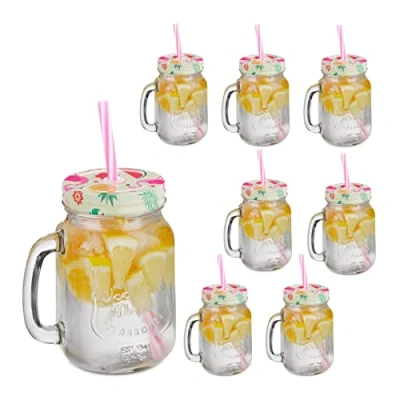 Imagen de Relaxdays Jarras con Tapa y Pajita, Set de 8, Diseño Flamencos, 500 ml, Vasos Retro Veraniegos Asa, Multicolor, Hierro