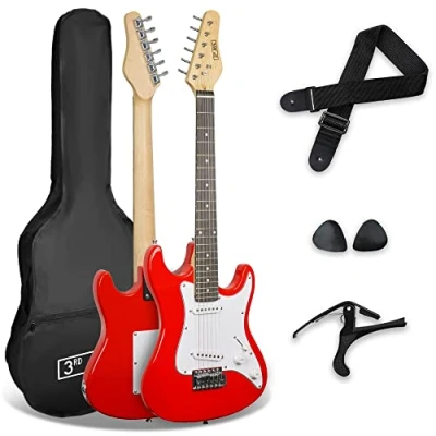 Imagen de 3rd Avenue XF Paquete Básico Para Principiantes De Guitarra Eléctrica Niños, Tamaño 3/4, Con Bolsa, Correa, Púas Y Cejilla, Color Rojo