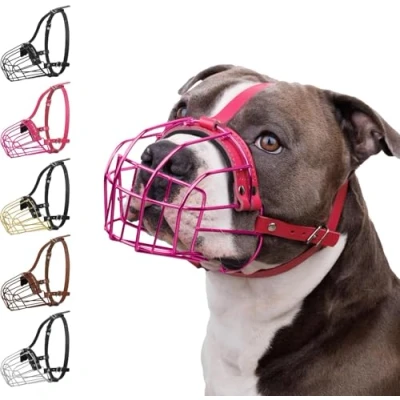 Imagen de BRONZEDOG Pitbull Bozal para Perro, máscara de Metal, Cesta Alambre, Correas Cuero Ajustables Perros Grandes (Rosa)