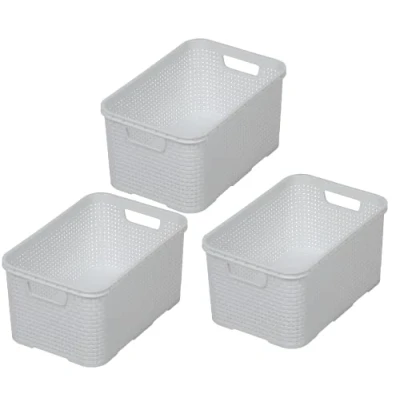 Imagen de BranQ Home essential Cesta en diseño de ratán, juego 3 unidades, tamaño S, 7 L, sin bisfenol A, plástico polipropileno, blanco, 28.5 x 19.5 12.9 cm