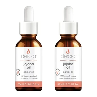 Imagen de Derora Aceite de Jojoba Nutre Piel, Cabello y Uñas 100% Puro Sin refinar Natural Prensado en frío Rico Antioxidantes Vitamina E Vegano Libre Crueldad 30 ml (Paquete 2)