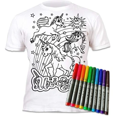 Imagen de Splat Planet Camiseta infantil de unicornio. para pintar y colorear con preimpreso. Incluye 6 lápices mágicos lavables colorear. Cumpleaños infantiles, Blanco, 12 13 años