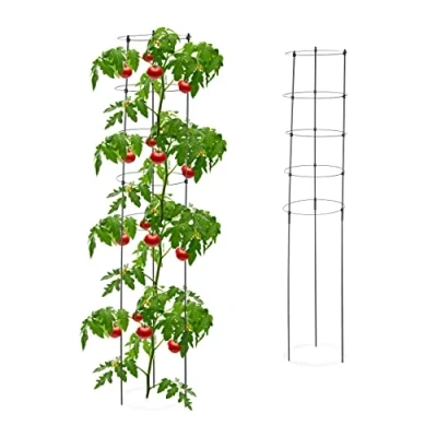 Imagen de Relaxdays Set 2 Jaulas Plantas Trepadoras 5 Anillos, Soporte Tomate Hierro y Plástico, Tutores Jardín 150 cm, Negro