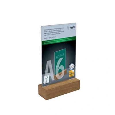 Imagen de SIGEL TA252 Expositor de mesa vertical, acrílico, con base madera roble, para A6