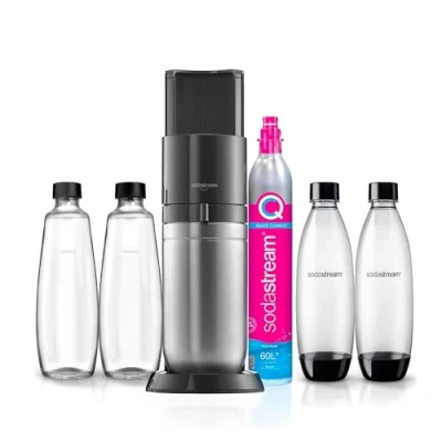 Imagen de sodastream Duo Pack Máquina Gasificadora de Agua Color Negro con 2 Botellas Fuse 1L Glass Cristal y 1 Cilindro Gas Rosa, para Preparar hasta 60L