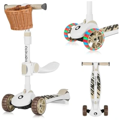Imagen de LIONELO Franky Bicicleta y Patinete 2 en 1 para niños de hasta 50 kg, Apto a 7 años, con Asiento Manillar Ajustables, Ruedas LED, Marco Reforzado (Beige)