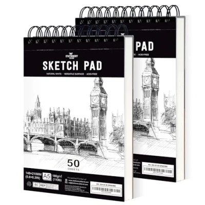 Imagen de STATIONERY ISLAND Bloc de Dibujo, A5 Sketchbook 180g/m² Papel Grueso, 100 Páginas/50 Hojas Encuadernadas en Espiral Cuaderno Dibujo Pack 2