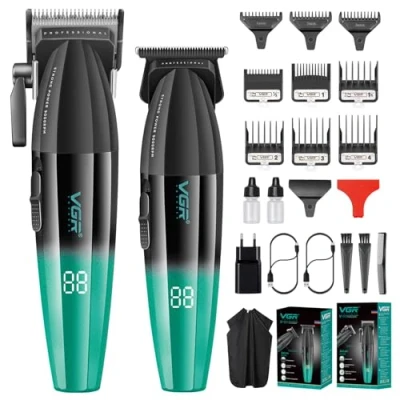 Imagen de VGR juego de cortapelos profesional para hombre, peluquería, pelo 9000 rpm, Zero Gap, hoja en T, inalámbrico con 9 peines guía