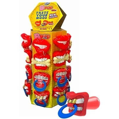 Imagen de WOM Bpop Chupetes de Caramelo Fresa en Forma Bocas Graciosas Torre 24 Piruletas 4 Modelos 15g