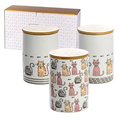 Imagen de SPOTTED DOG GIFT COMPANY Tarros de Almacenamiento Ceramica, Juego 3 Botes Cocina Almacenaje con Hermético Tapa, Regalos Decorativos Originales para Amantes Gatos, 1,2L cada uno