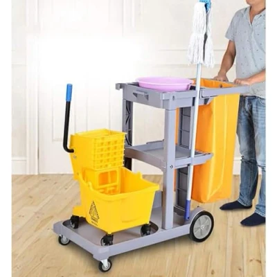 Imagen de tonchean Carro de limpieza con ruedas, carrito comercial bolsa basura extraíble, resistente, carros para el hogar, color gris