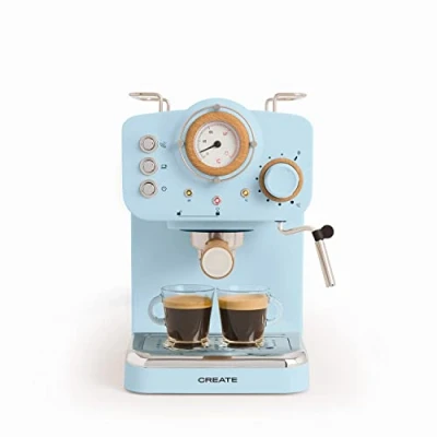 Imagen de CREATE / THERA RETRO/Cafetera Express Semiautomática Verde Sage Mate y Madera 20 bares, brazo doble salida, depósito 1,25L, café molido monodosis ESE 55mm, con vaporizador, 1100W