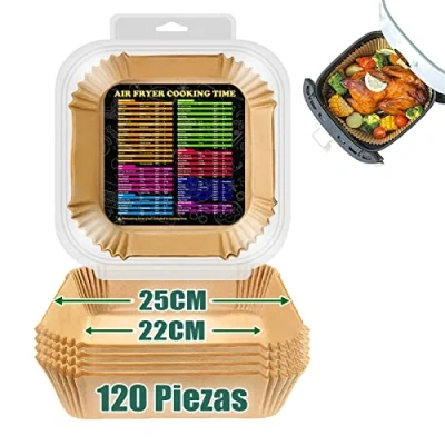 Imagen de ColoZee Papel para Freidora de Aire Cuadrado 120 Piezas, 25CM Pergamino Antiadherente Desechable Horno y Microondas Sartén