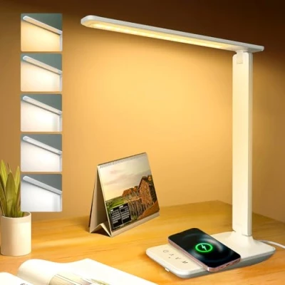 Imagen de joyshie lámpara de escritorio LED con QI carga inalámbrica, Flexo luz nocturna, lampara control táctil, Puerto USB, 5 niveles luminosidad modos