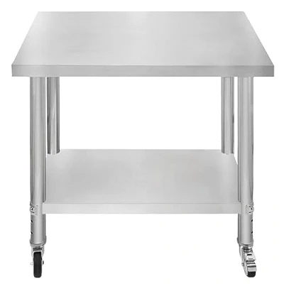 Imagen de Mesa de Trabajo Cocina Acero Inoxidable Catering Preparación Comida 76x90x86cm Banco con Ruedas Frenos Pies Adaptables + Estante Inferior Ajustable Capacidad Peso 160kg