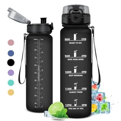 Imagen de Botella Agua 1L, Deporte, gimnasio, Motivadora y Prueba de Fugas, Reutilizable, Garrafa para Niño, Niña, Colegio, Preescolar, Guardería, Bicicleta, Gym